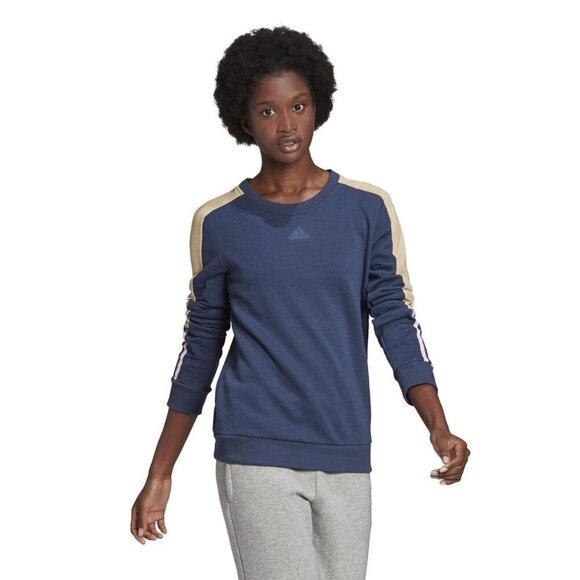 Adidas Sweatshirt womens Essentials Crewneck Logo Colorblock Blue & Tan NWT XS - Picture 1 of 11